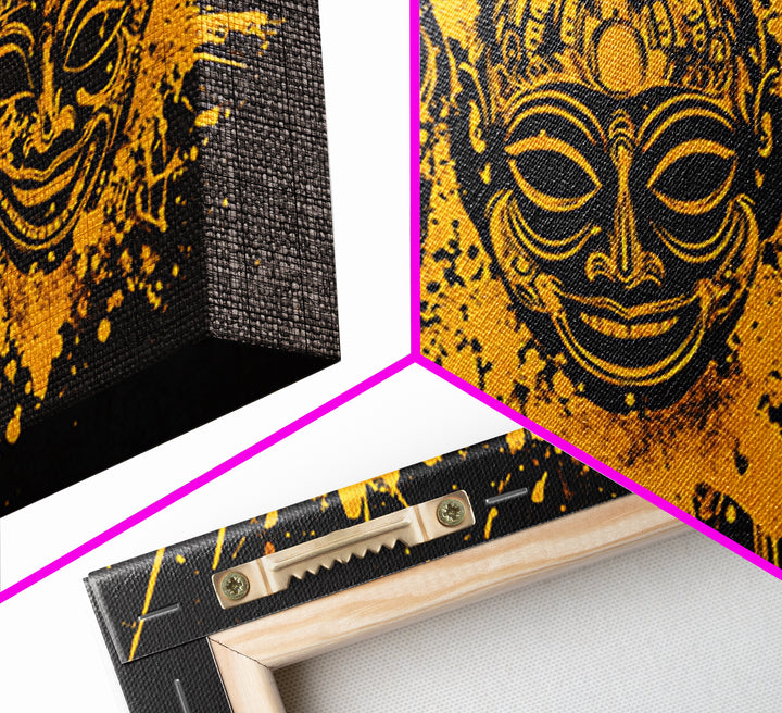 Ancient Warrior Mask Gold Canvas Art, Tribal Splatter Canvas Print, Real Wood Frame Wall Décor, Bold Dramatic Statement Art