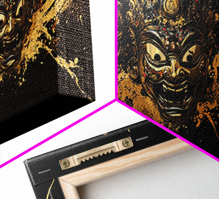 Theatrical Mask Gold Canvas Print, Gothic Splatter Art On Canvas, Real Wood Frame Wall Décor, Dark Drama Statement Art