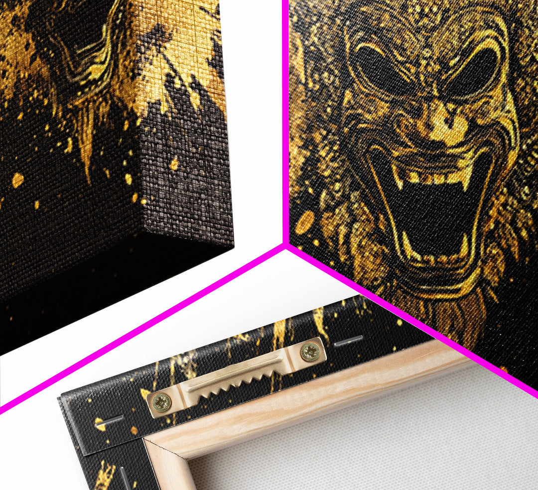 Royal Mask Gold Canvas Art, Splatter Canvas Print With Ornate Details, Real Wood Frame Wall Décor, Dramatic Theater Artwork