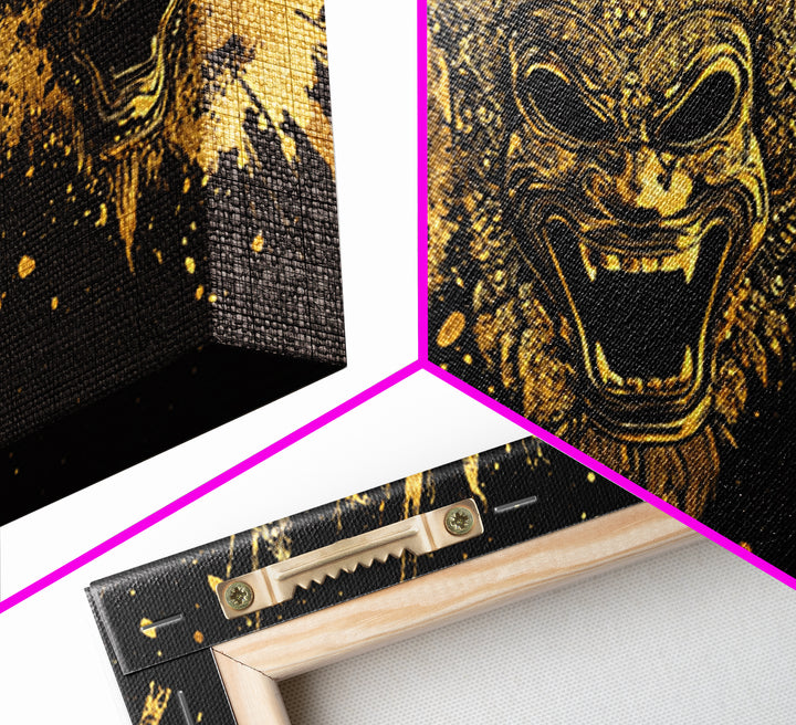 Royal Mask Gold Canvas Art, Splatter Canvas Print With Ornate Details, Real Wood Frame Wall Décor, Dramatic Theater Artwork