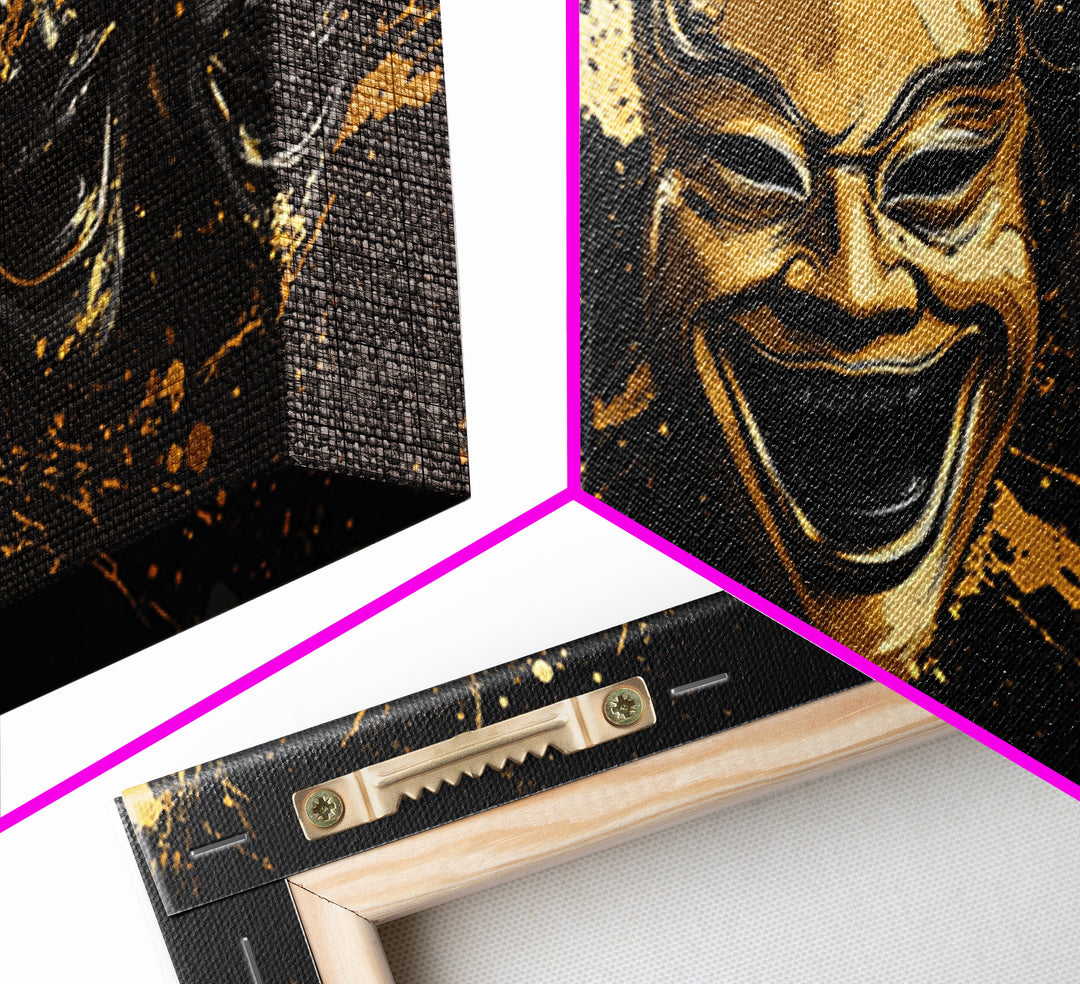 Fierce Demon Mask Gold Canvas Print, Splatter Abstract Mask Art On Canvas, Real Wood Frame Wall Décor, Bold Gothic Artwork