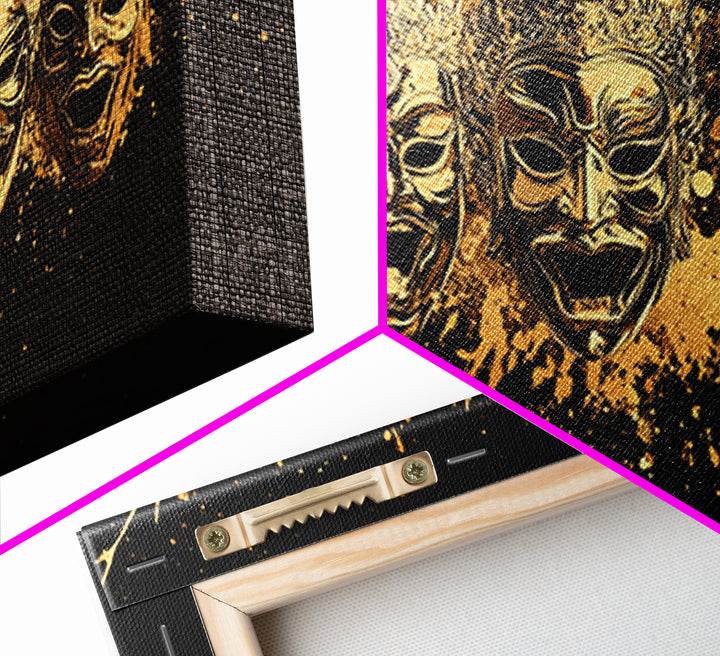 Warrior Mask Set Gold Canvas Art, Splatter Tribal Mask Canvas Print, Real Wood Frame Wall Décor, Dramatic Cultural Statement Art