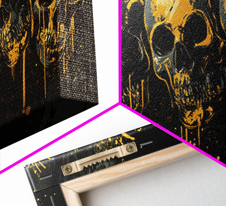 Dark Skull Mask Gold Canvas Print, Splatter Gothic Art On Canvas, Real Wood Frame Wall Décor, Macabre Dramatic Wall Artwork