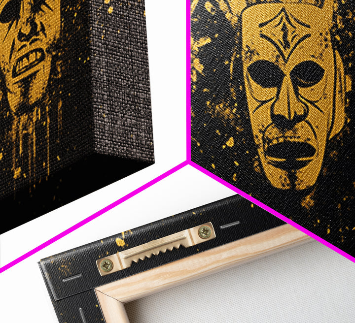 Mystical Sacred Mask Gold Canvas Art, Ornate Splatter Mask Canvas Print, Real Wood Frame Wall Décor, Spiritual Bold Statement Artwork