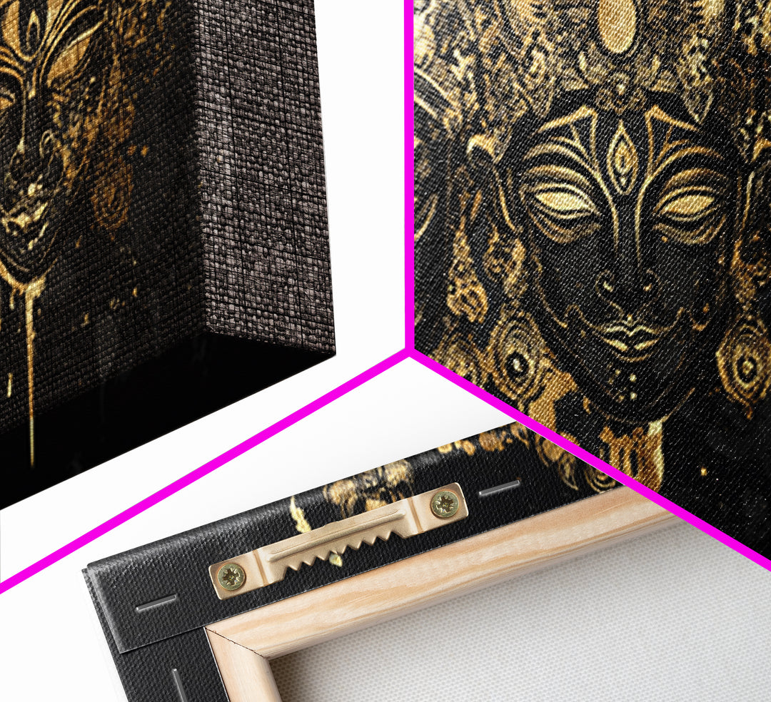 Ornate Demon Mask Gold Canvas Print, Splatter Tribal Art On Canvas, Real Wood Frame Wall Décor, Fierce Gothic Statement Artwork