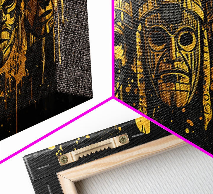 Mythical Demon Mask Gold Canvas Art, Splatter Fierce Mask Canvas Print, Real Wood Frame Wall Décor, Bold Dramatic Statement Artwork