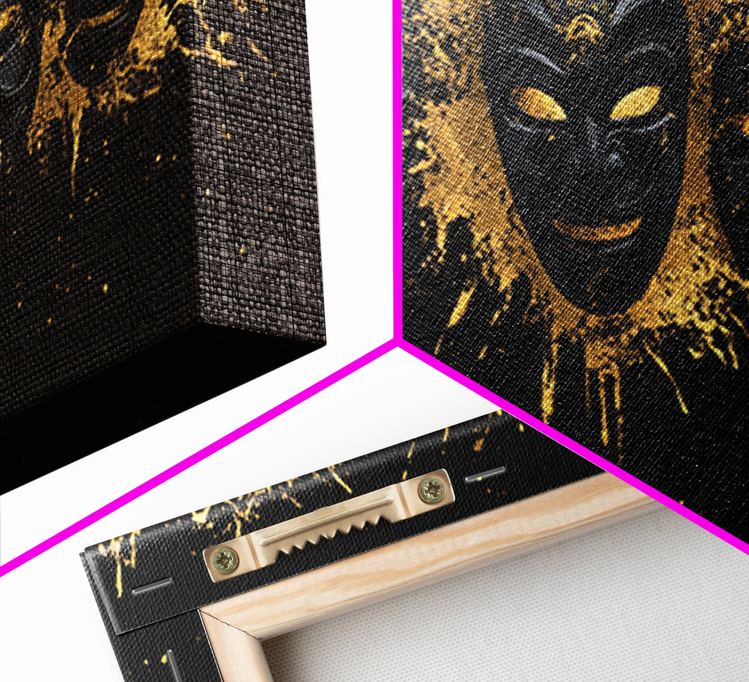 Fiery Demon Mask Gold Canvas Print, Ornate Splatter Mask Art On Canvas, Real Wood Frame Wall Décor, Bold Cultural Wall Artwork