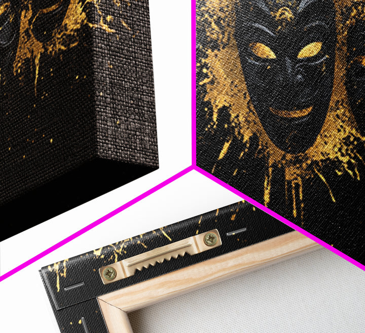 Fiery Demon Mask Gold Canvas Print, Ornate Splatter Mask Art On Canvas, Real Wood Frame Wall Décor, Bold Cultural Wall Artwork