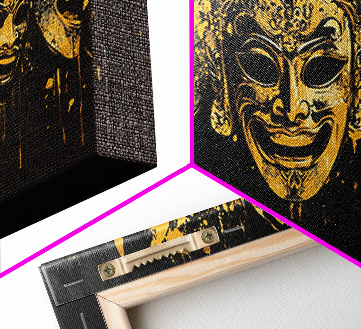 Regal Mask Set Gold Canvas Art, Splatter Tribal Demon Mask Canvas Print, Real Wood Frame Wall Décor, Bold Fierce Statement Artwork