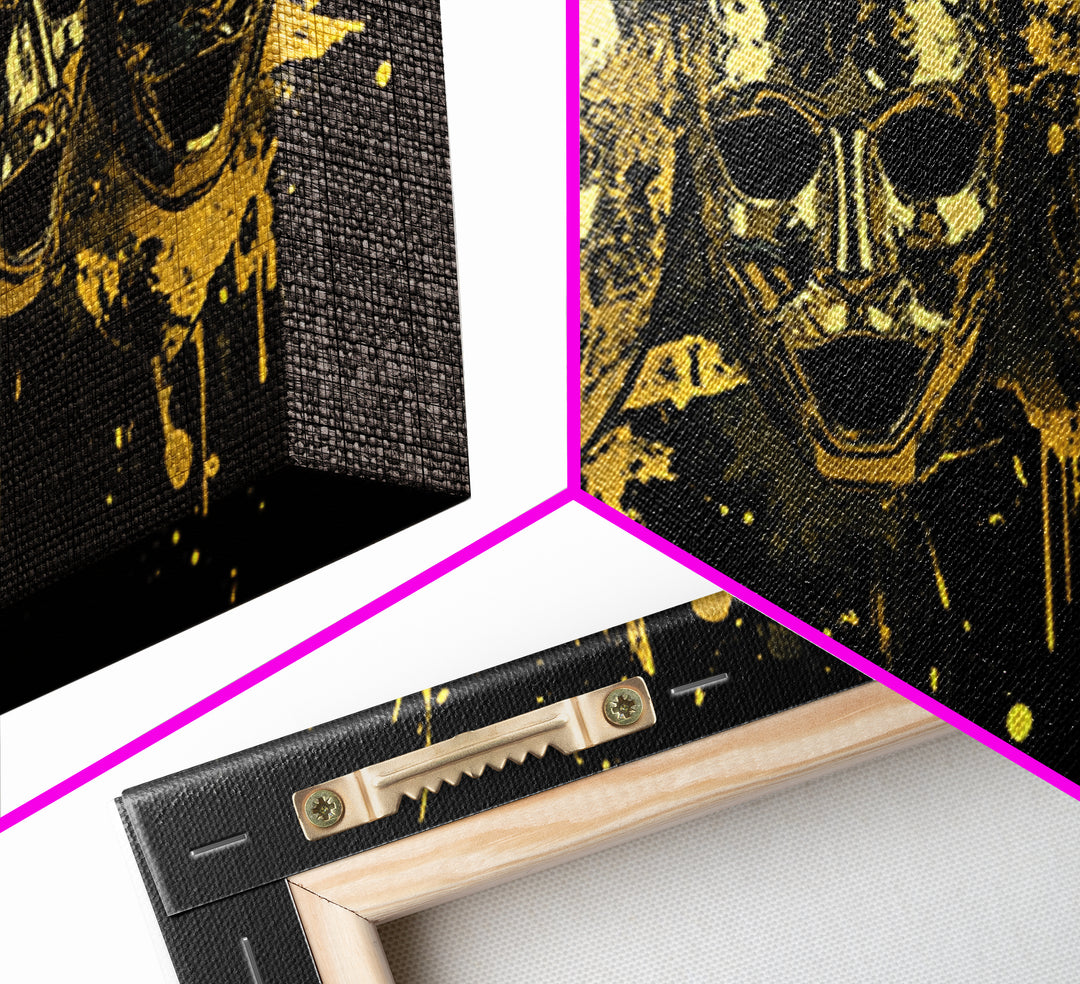 Theatrical Comedy Mask Gold Canvas Print, Splatter Dramatic Art On Canvas, Real Wood Frame Wall Décor, Gothic Statement Artwork