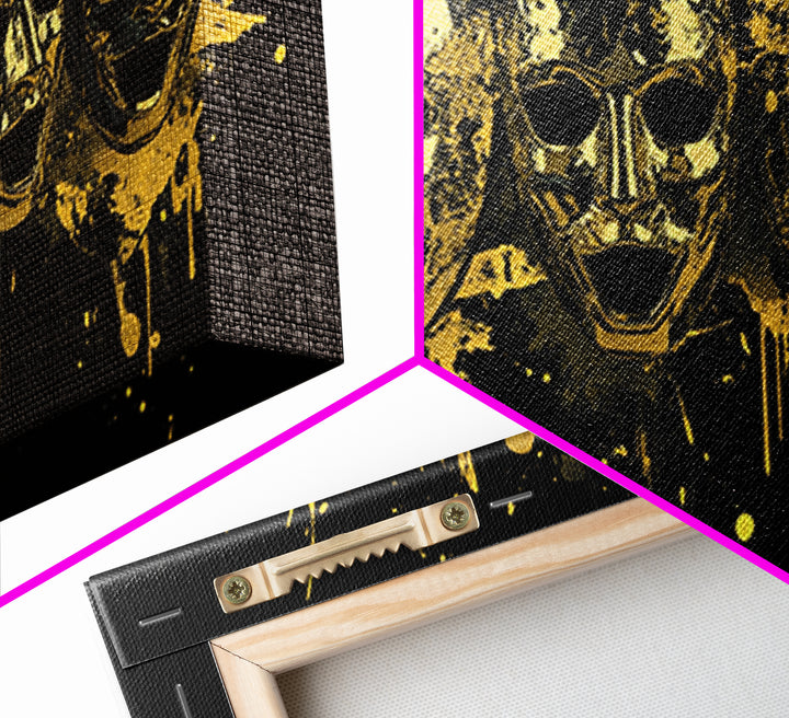 Theatrical Comedy Mask Gold Canvas Print, Splatter Dramatic Art On Canvas, Real Wood Frame Wall Décor, Gothic Statement Artwork