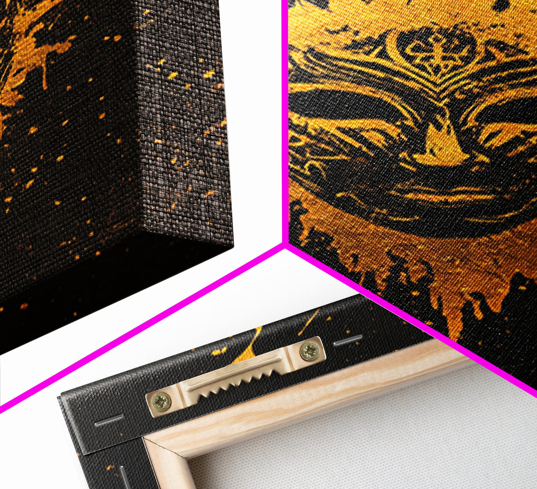 Mystical Tribal Mask Gold Canvas Print, Abstract Face Art, Splatter Style Wall Decor, Real Wood Frame