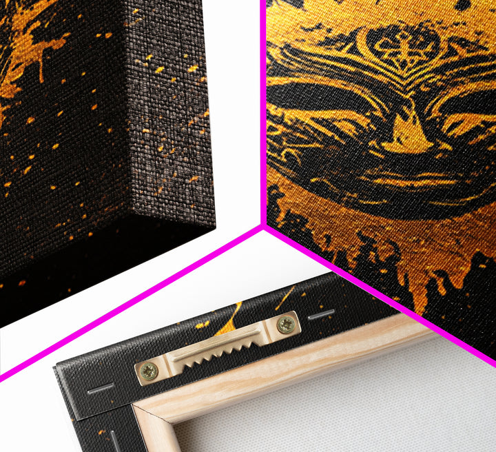 Mystical Tribal Mask Gold Canvas Print, Abstract Face Art, Splatter Style Wall Decor, Real Wood Frame