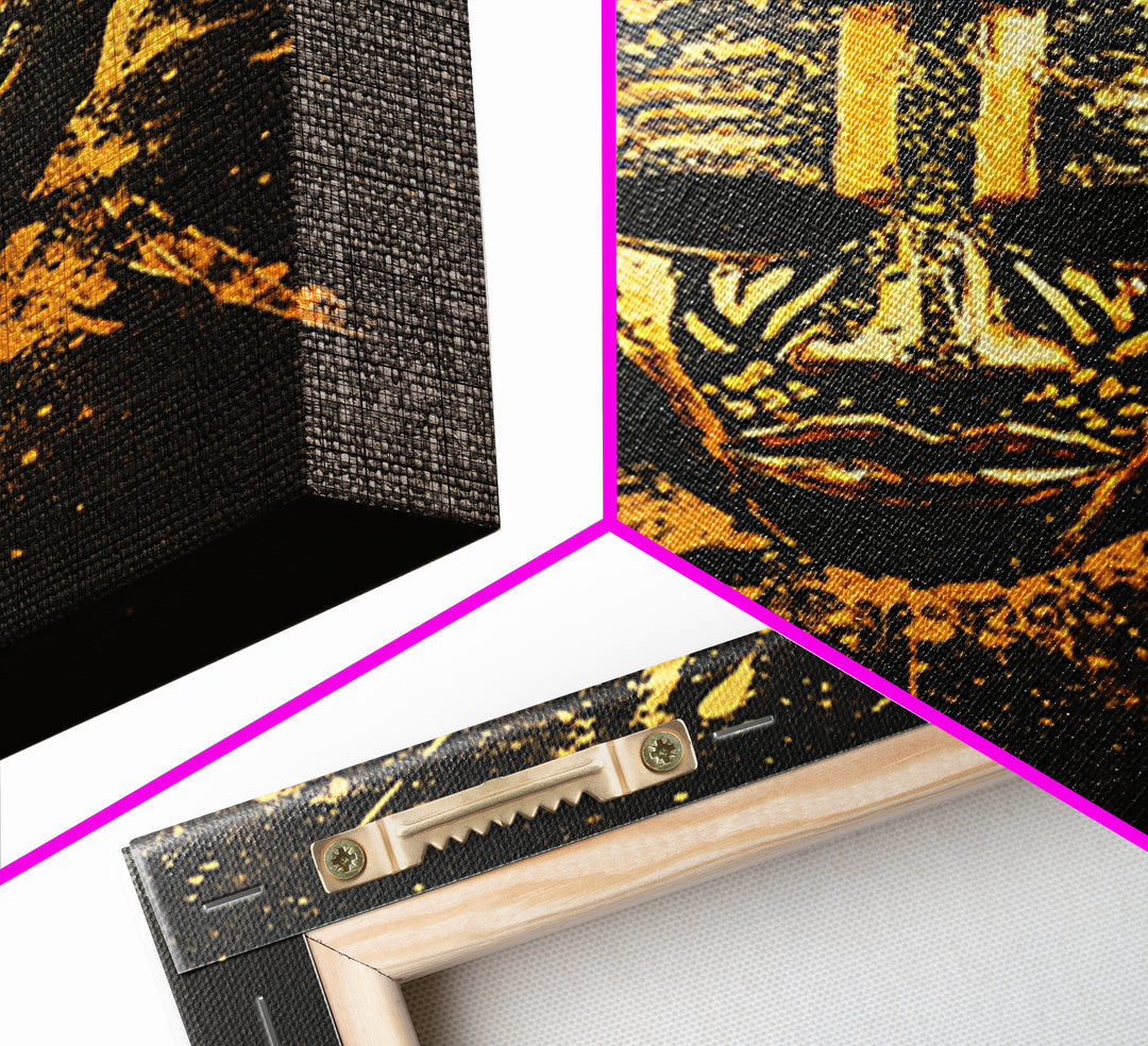 Ancient African Mask Gold Canvas Print, Bold Face Art, Ethnic Splatter Wall Decor, Real Wood Frame