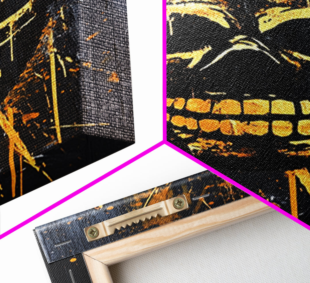Golden Skull Mask Gold Canvas Print, Dark Gothic Face Art, Horror Splatter Wall Decor, Real Wood Frame