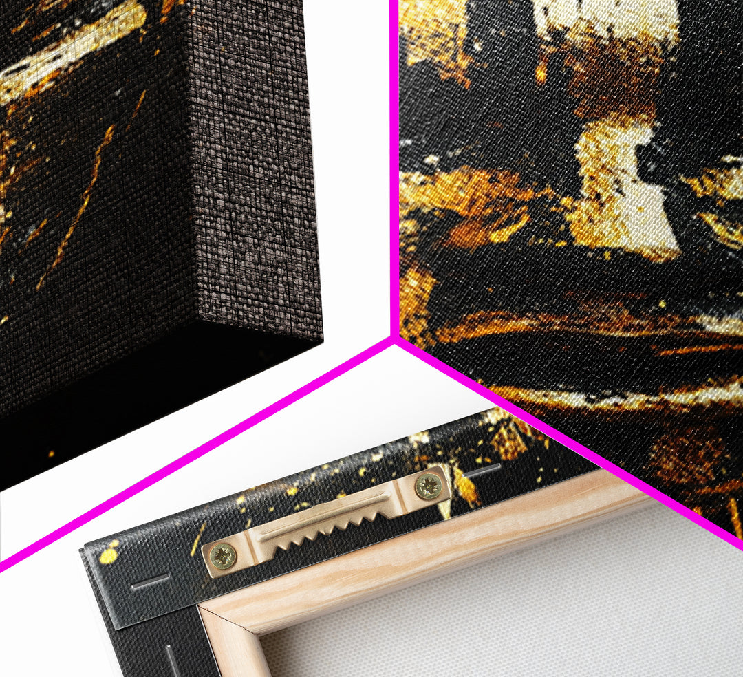 Abstract Painted Mask Gold Canvas Print, Tribal Face Art, Bold Modern Wall Decor, Real Wood Frame