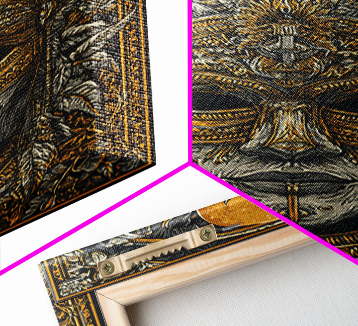 Horned Tribal Mask Gold Canvas Print, Ethnic Warrior Face Art, Ornate Mythic Wall Decor, Real Wood Frame