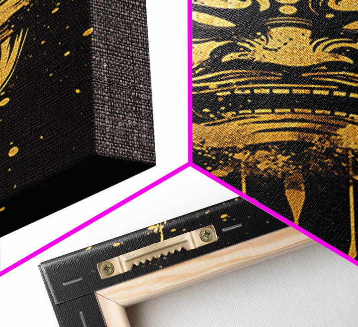 Samurai Oni Mask Gold Canvas Print, Japanese Demon Face Art, Splatter Ink Wall Decor, Real Wood Frame