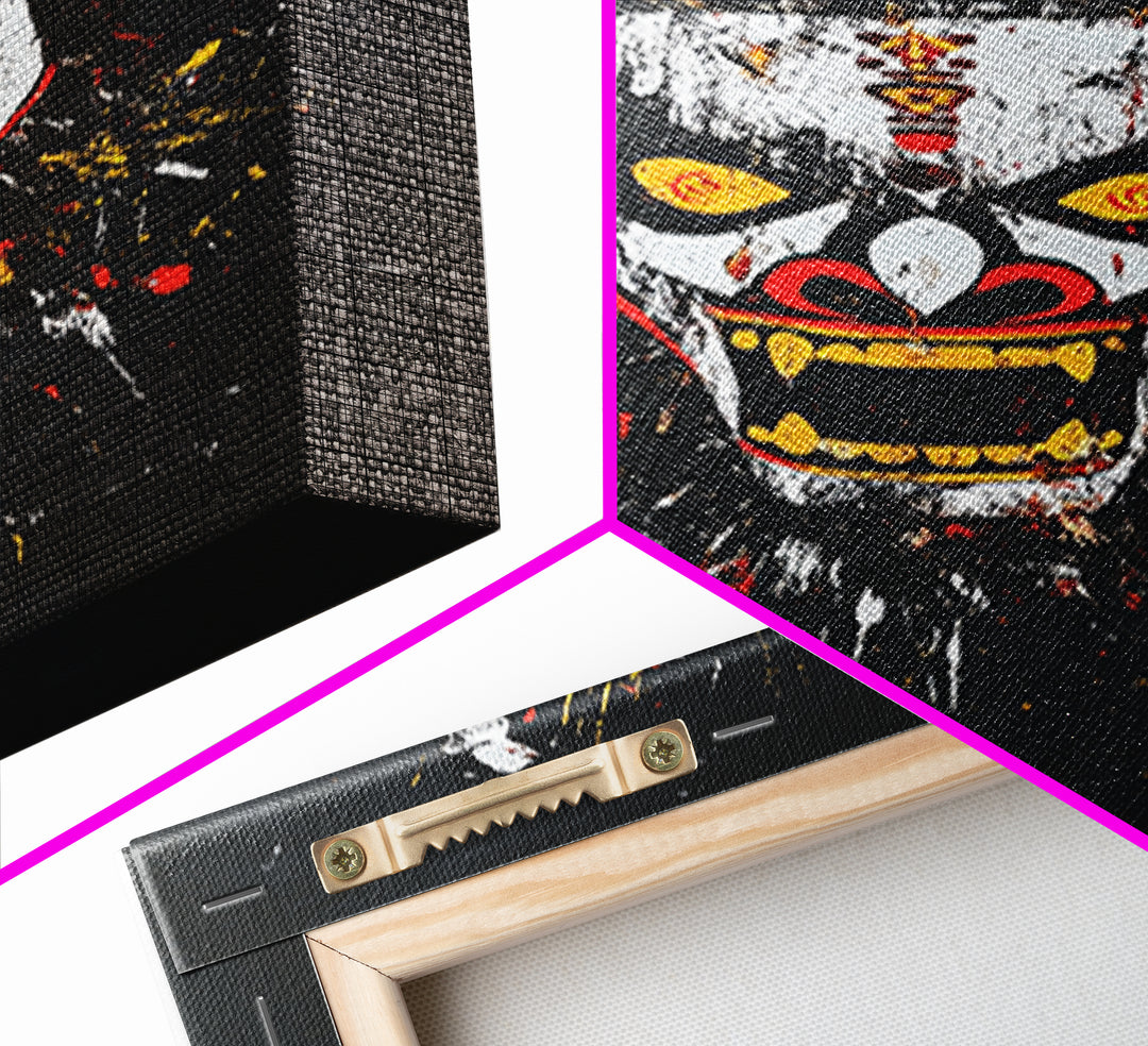 Fiery Demon Mask Gold Canvas Print, Japanese Oni Face Art, Tribal Splatter Style Wall Decor, Real Wood Frame