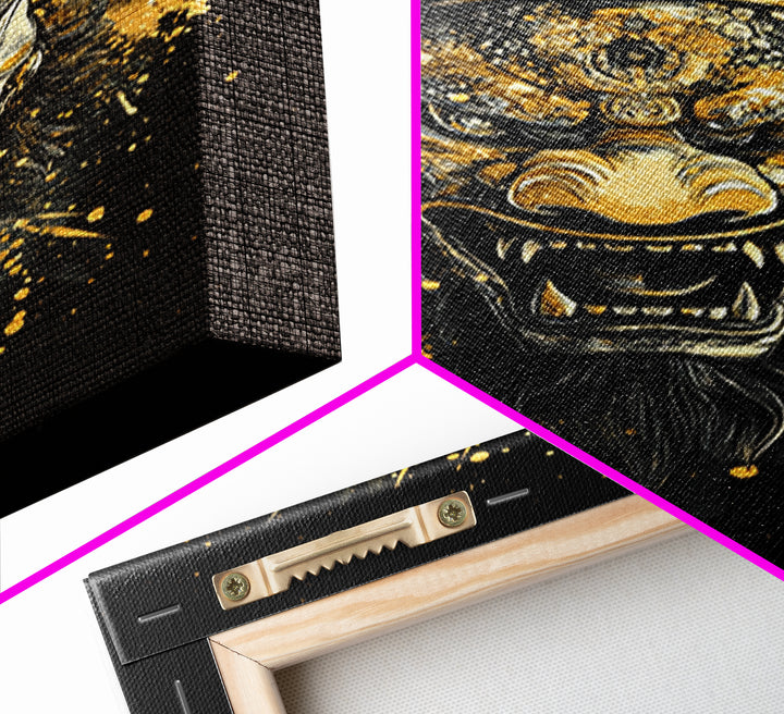 Fierce Demon Mask Gold Canvas Print, Mythical Beast Face Art, Splatter Style Wall Decor, Real Wood Frame