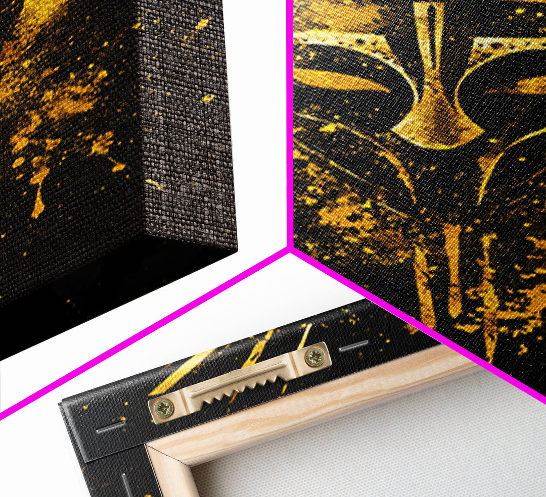 Ancient Warrior Mask Gold Canvas Print, Bold Tribal Face Art, Splatter Ink Wall Decor, Real Wood Frame