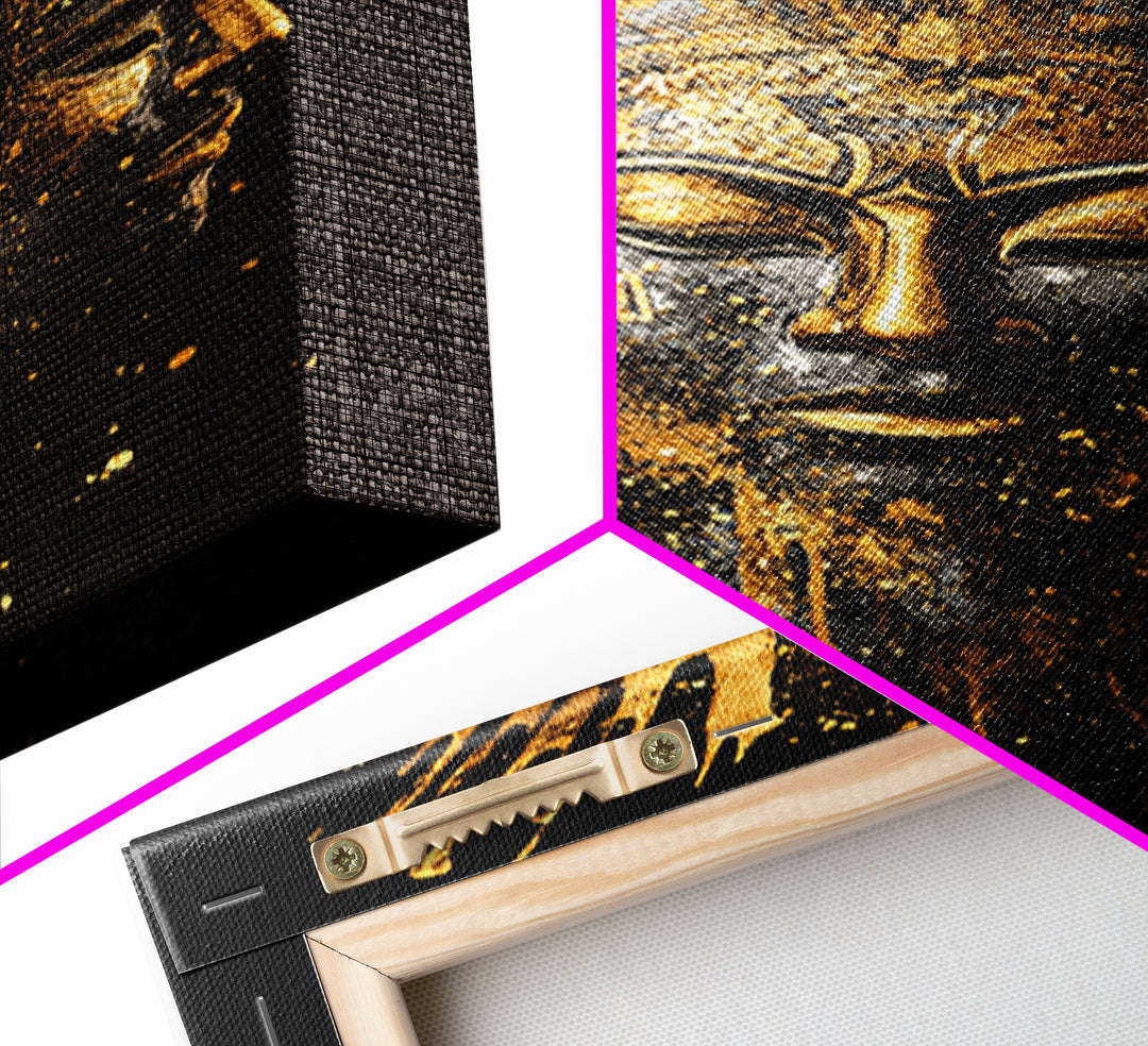 Three Faces Mask Gold Canvas Print, Abstract Spiritual Face Art, Splatter Style Wall Decor, Real Wood Frame
