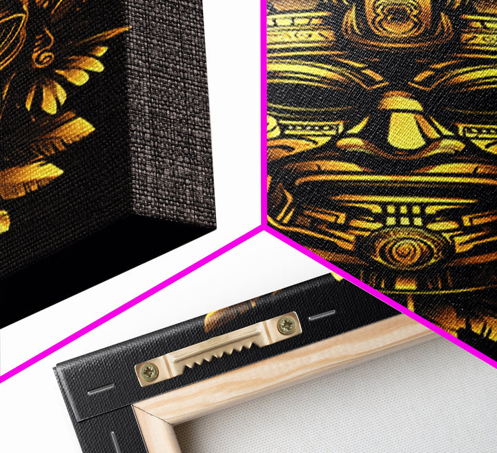 Ancient Aztec God Gold Canvas Print, Ornate Tribal Face Artwork, Ethnic Mythic Wall Decor, Real Wood Frame