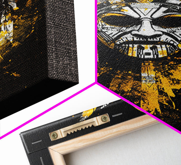 Aztec Skull Mask Gold Canvas Print, Ancient Tribal Face Art, Bold Splatter Style Wall Decor, Real Wood Frame