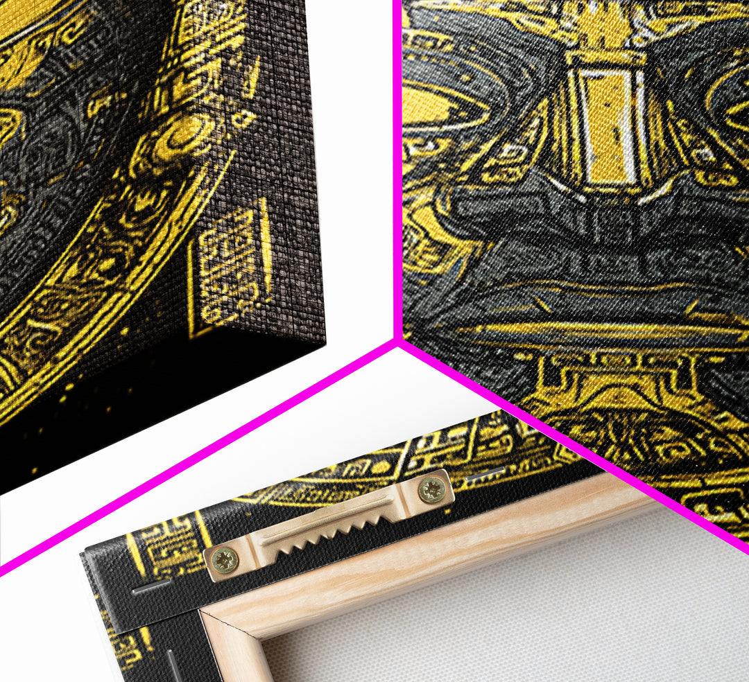 Aztec Warrior Sun Mask Gold Canvas Print, Ornate Tribal Face Artwork, Ancient Ethnic Wall Decor, Real Wood Frame