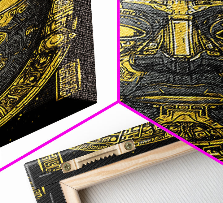 Aztec Warrior Sun Mask Gold Canvas Print, Ornate Tribal Face Artwork, Ancient Ethnic Wall Decor, Real Wood Frame