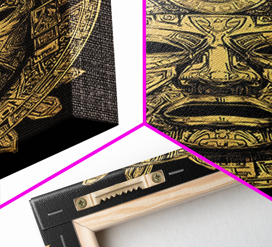 Aztec Deity Mask Gold Canvas Print, Ornate Tribal Face Artwork, Ancient Cultural Wall Hanging, Real Wood Frame