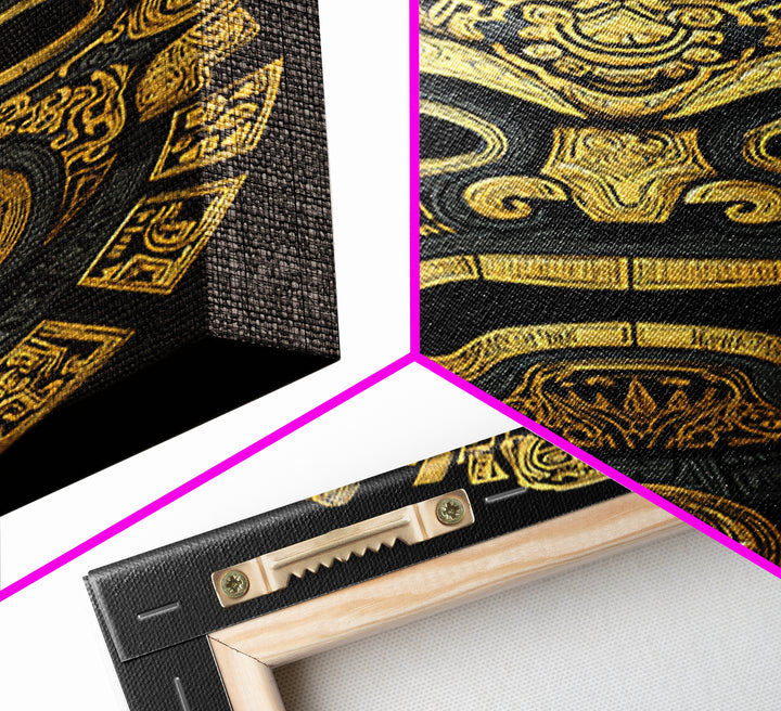 Aztec Feathered God Mask Gold Canvas Print, Ornate Tribal Face Artwork, Ancient Ethnic Wall Decor, Real Wood Frame