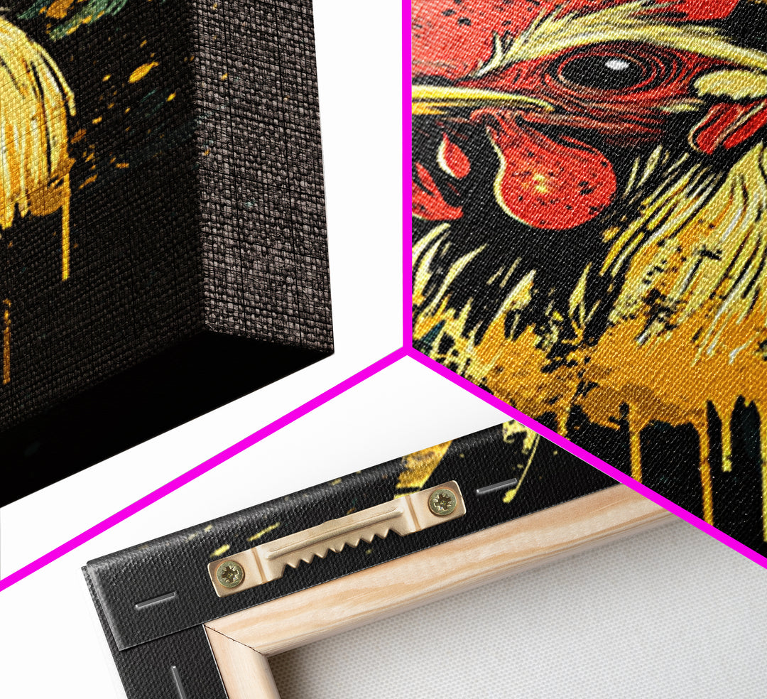 Baining Tribal Mask Gold Canvas Art, Splatter Style Face Artwork, Ethnic Tribal Wall Hanging Decor, Real Wood Frame