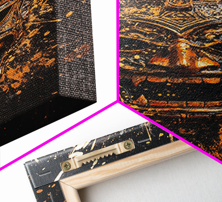 Balinese Demon Mask Gold Canvas Print, Ornate Tribal Face Art, Mythical Splatter Style Wall Decor, Real Wood Frame