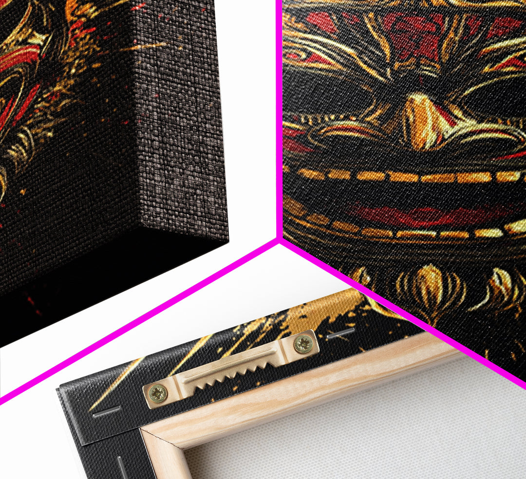 Balinese Guardian Mask Gold Canvas Print, Ornate Tribal Face Artwork, Cultural Ethnic Wall Decor, Real Wood Frame