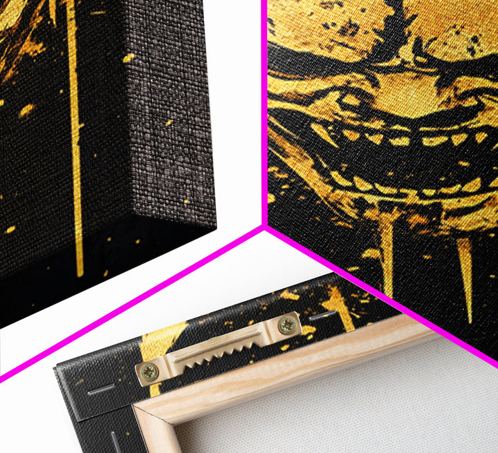 Demonic Splatter Mask Gold Canvas Print, Fierce Abstract Face Art, Bold Horror Inspired Wall Decor, Real Wood Frame