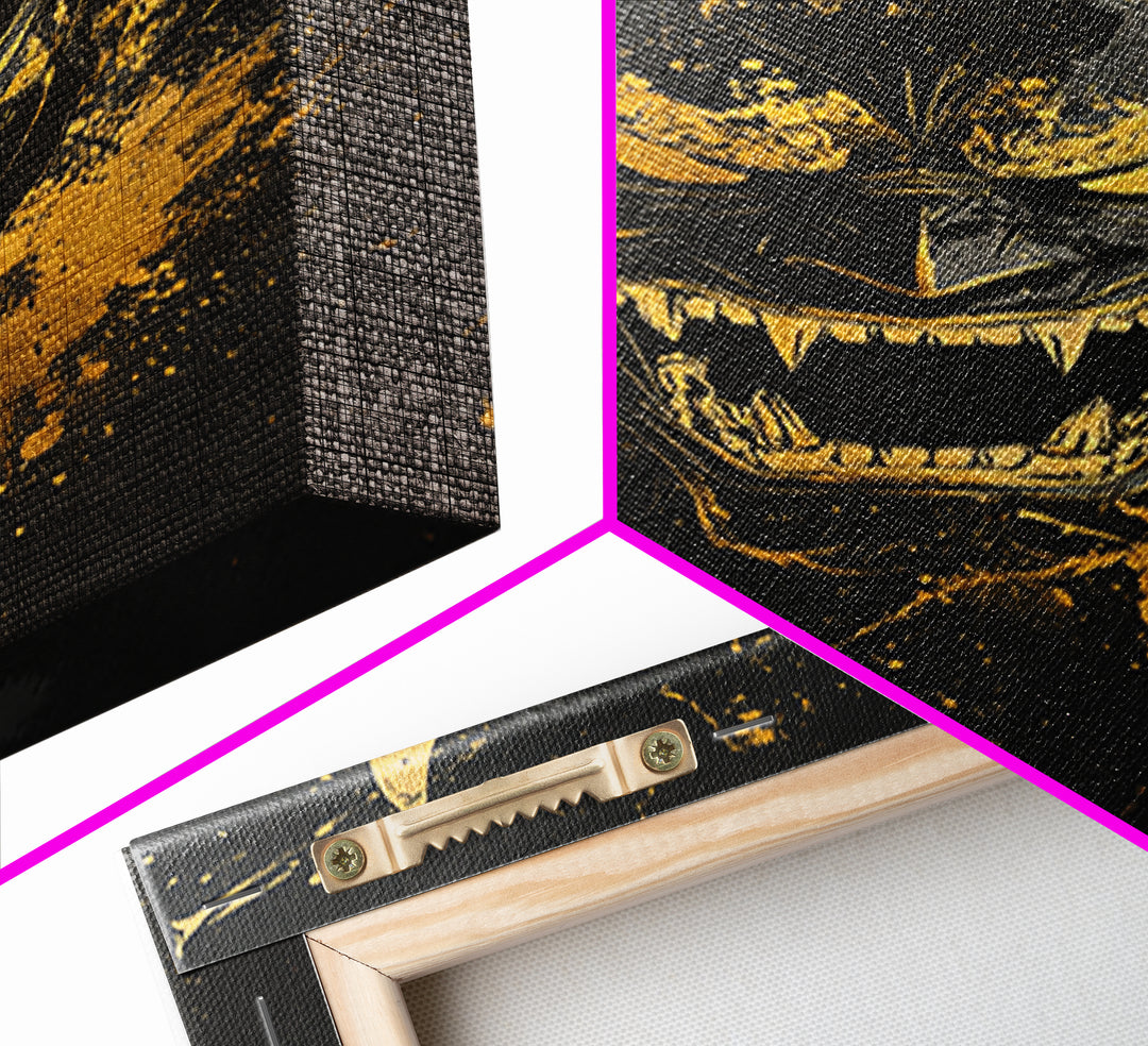 Oni Demon Mask Gold Canvas Print, Japanese Inspired Splatter Artwork, Fierce Mythical Wall Decor, Real Wood Frame