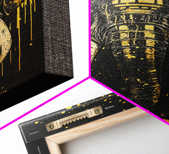 Royal Elephant Gold Canvas Print, Splatter Style Tribal Artwork, Majestic Animal Wall Decor, Real Wood Frame