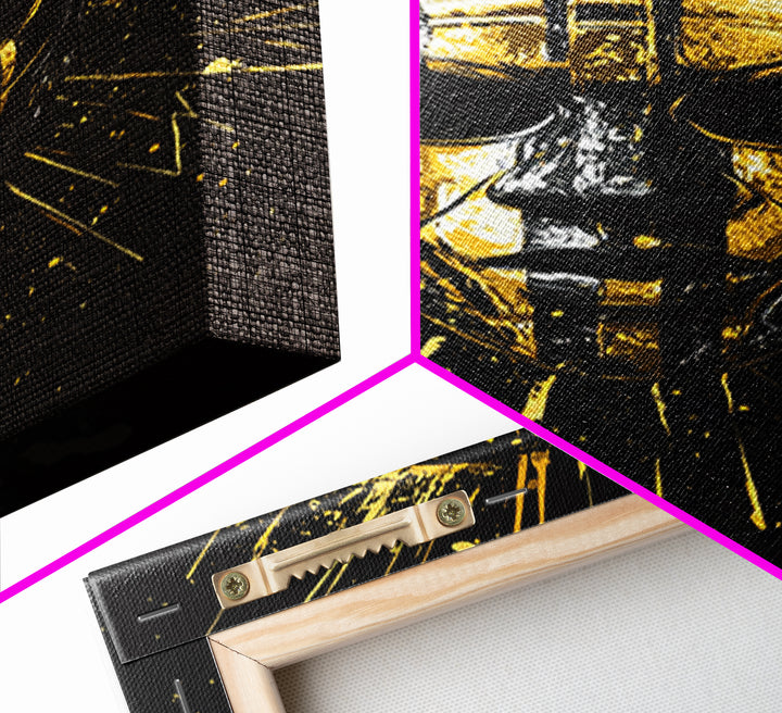Ancient Warrior Mask Gold Canvas Print, Ornate Tribal Face Artwork, Bold Splatter Style Wall Decor, Real Wood Frame
