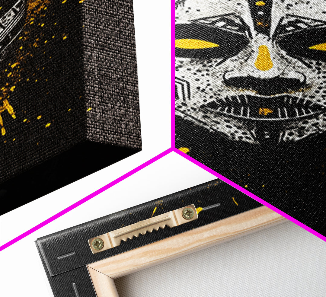 Tribal Painted Mask Gold Canvas Print, Ethnic Face Artwork, Bold Splatter Ink Wall Hanging Decor, Real Wood Frame