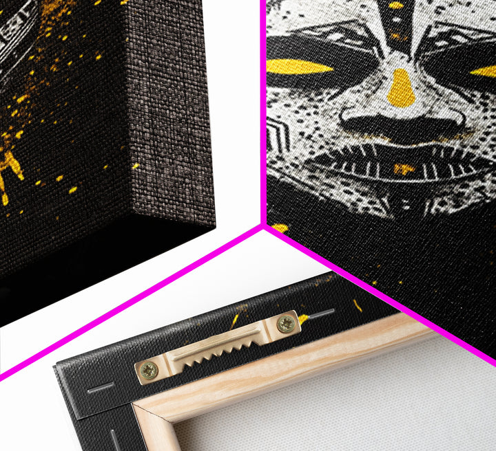 Tribal Painted Mask Gold Canvas Print, Ethnic Face Artwork, Bold Splatter Ink Wall Hanging Decor, Real Wood Frame