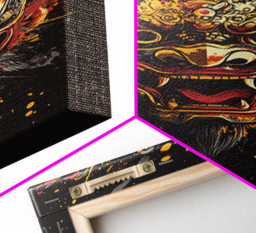 Barong Mythical Mask Gold Canvas Print, Ornate Balinese Face Artwork, Cultural Splatter Wall Decor, Real Wood Frame