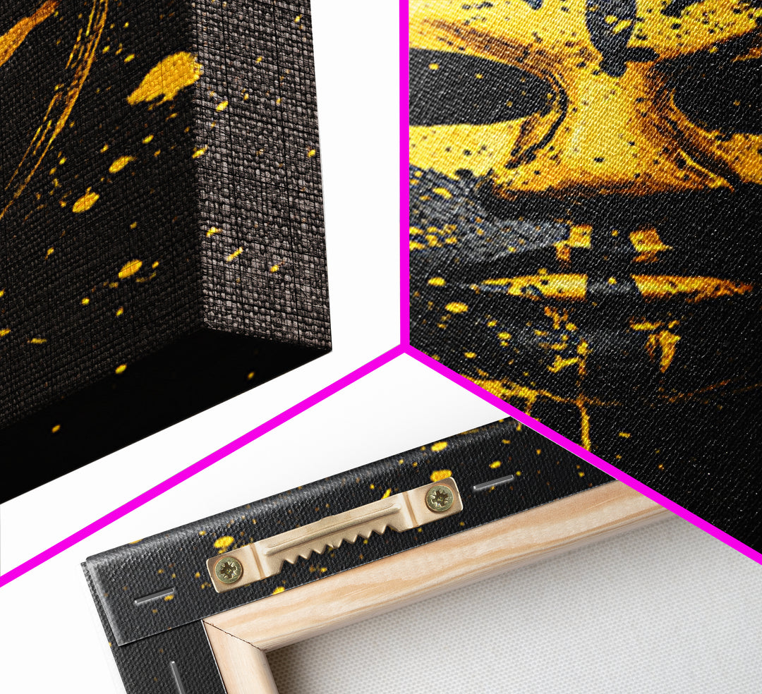 Abstract Splatter Mask Gold Canvas Print, Tribal Face Wall Art, Bold Modern Mask Artwork, Real Wood Frame Home Decor