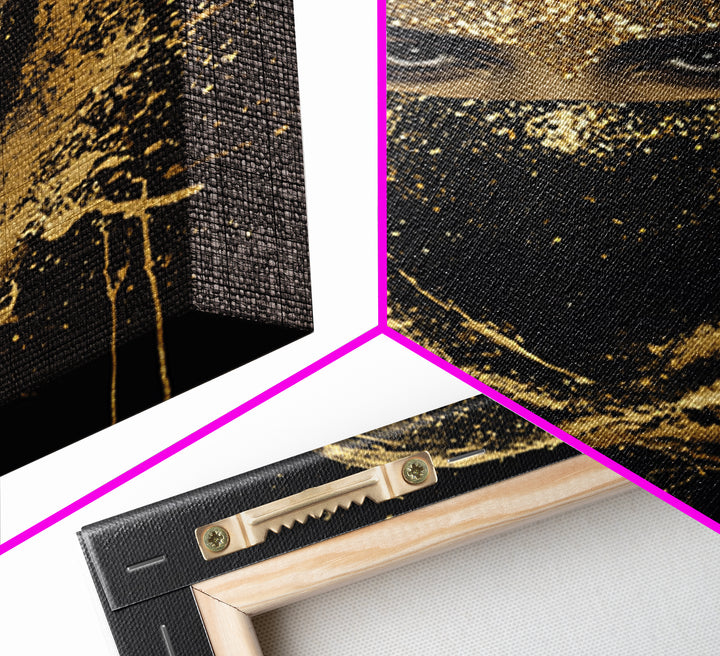 Mystical Veiled Woman Gold Canvas Print, Splatter Style Portrait Art, Ethereal Female Artwork, Real Wood Frame Wall Decor