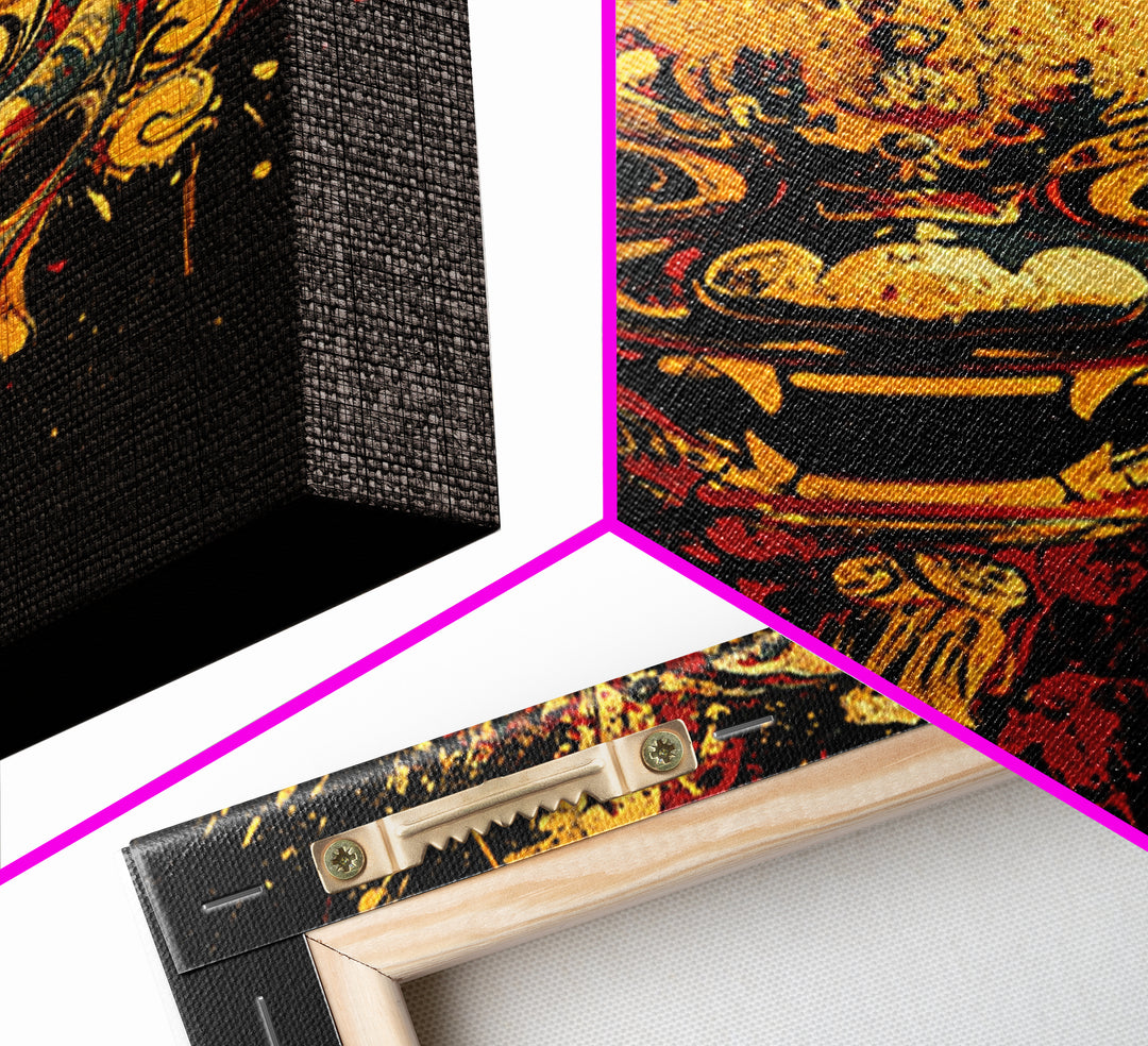 Fierce Mythic Mask Gold Canvas Print, Splatter Style Tribal Face Art, Bold Ancestral Artwork, Real Wood Frame Wall Hanging