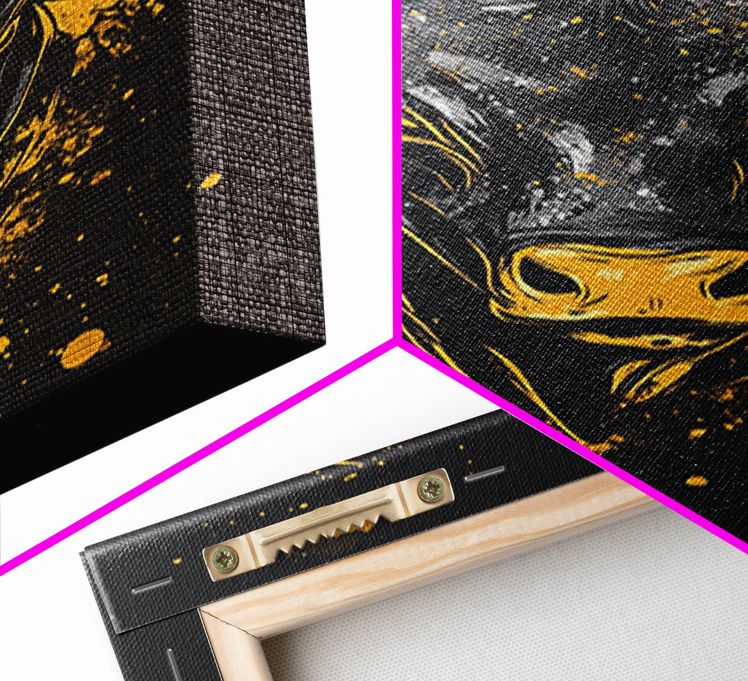 Powerful Bull Head Gold Canvas Print, Abstract Splatter Animal Art, Bold Strength Symbol Artwork, Real Wood Frame Wall Decor