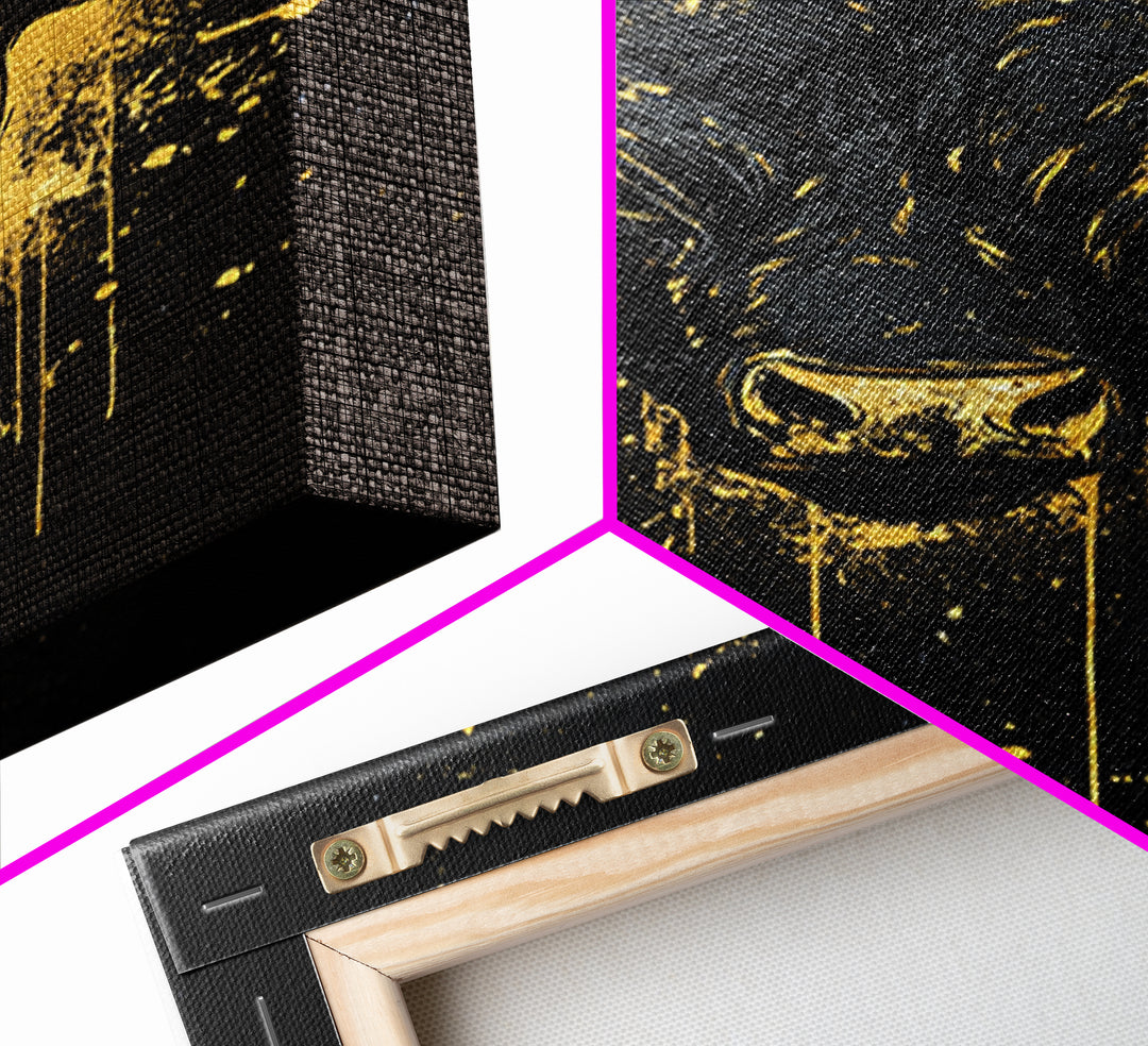 Majestic Bull Portrait Gold Canvas Print, Tribal Splatter Animal Artwork, Strong Symbolic Wall Art, Real Wood Frame Decor