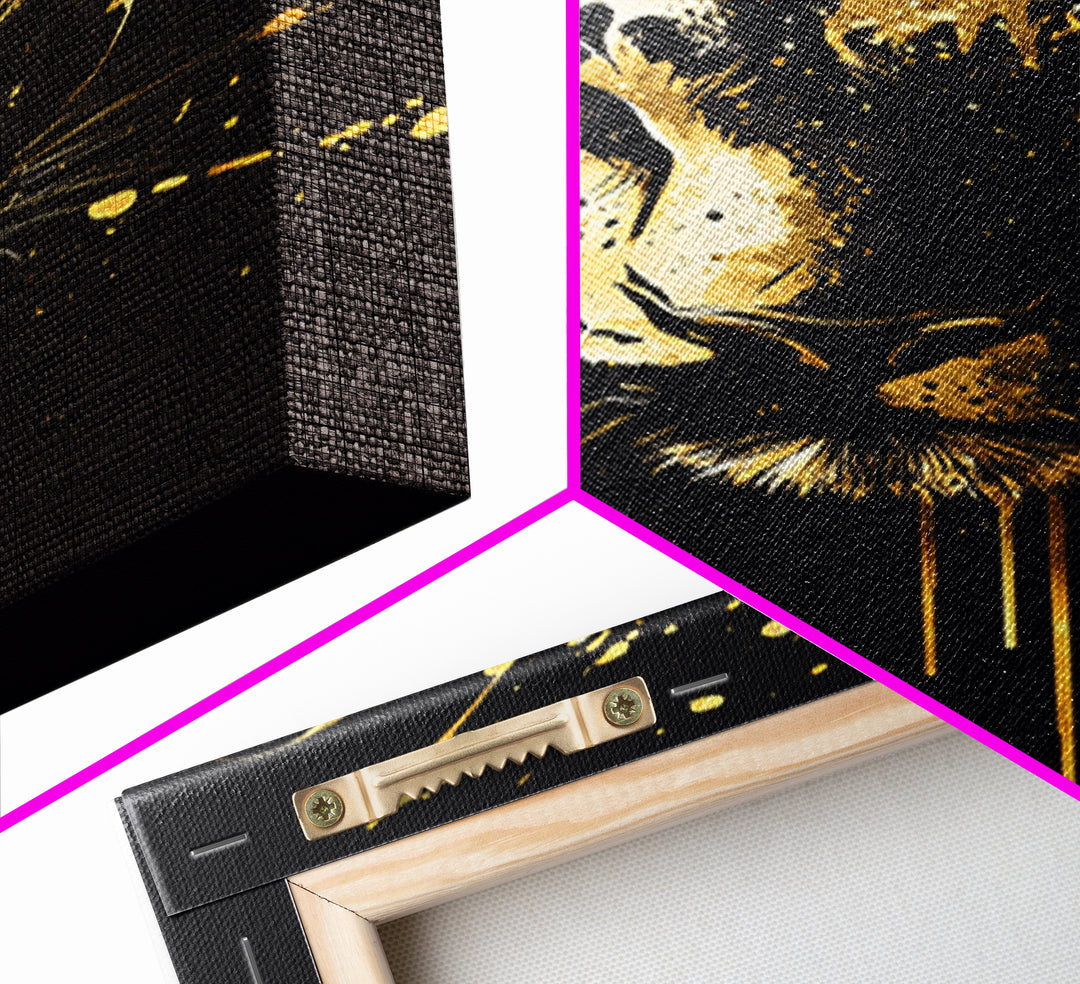 Wild Leopard Face Gold Canvas Print, Bold Animal Portrait Art, Tribal Splatter Style Wall Artwork, Real Wood Frame Home Decor