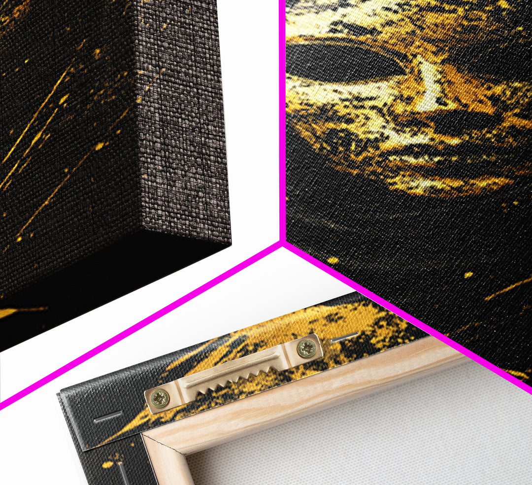 Mysterious Veiled Mask Gold Canvas Print, Splatter Style Female Portrait, Abstract Ethereal Face Artwork, Real Wood Frame Decor