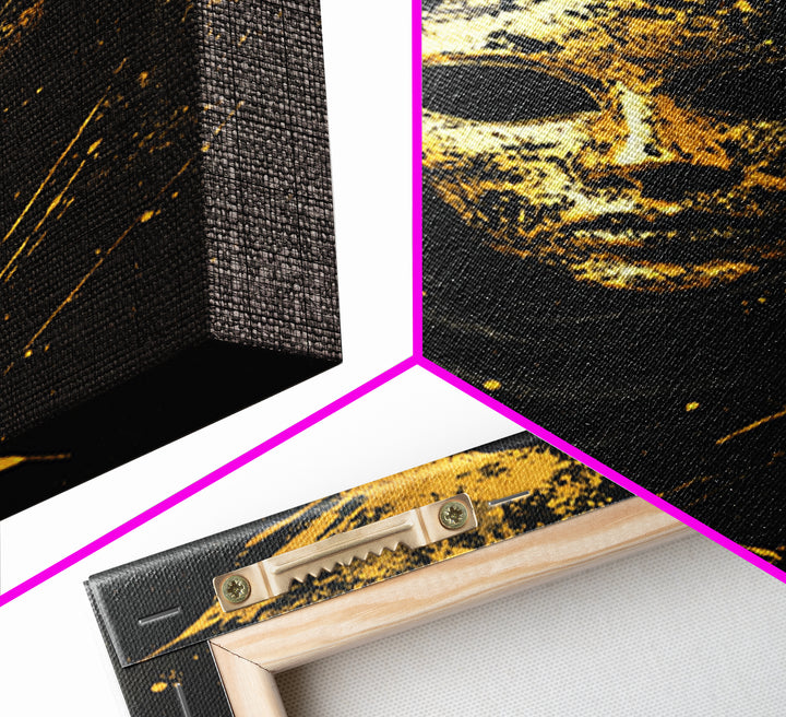 Mysterious Veiled Mask Gold Canvas Print, Splatter Style Female Portrait, Abstract Ethereal Face Artwork, Real Wood Frame Decor